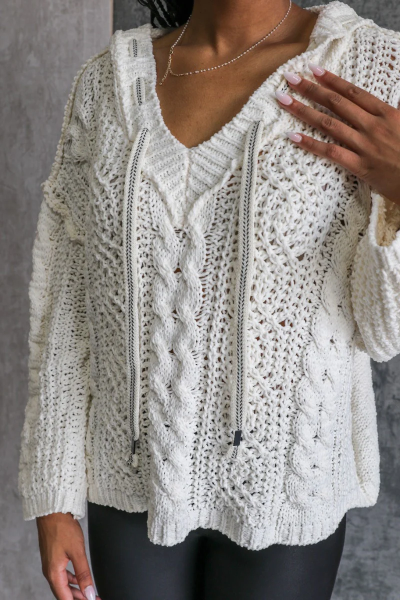 Lottie Cream Cable Knit Hoodie Sweater - Image 4