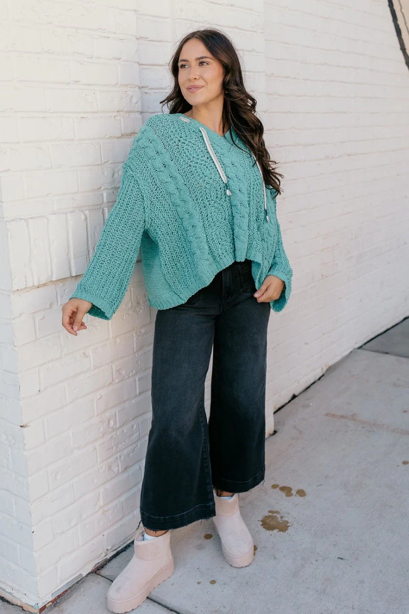Lottie Teal Green Cable Knit Hoodie Sweater