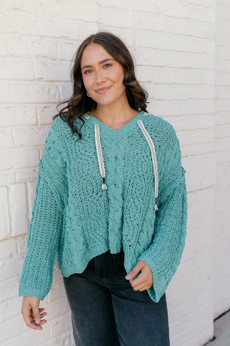 Lottie Teal Green Cable Knit Hoodie Sweater - Image 2