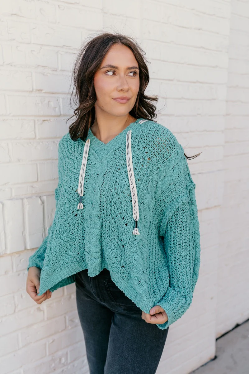 Lottie Teal Green Cable Knit Hoodie Sweater - Image 3