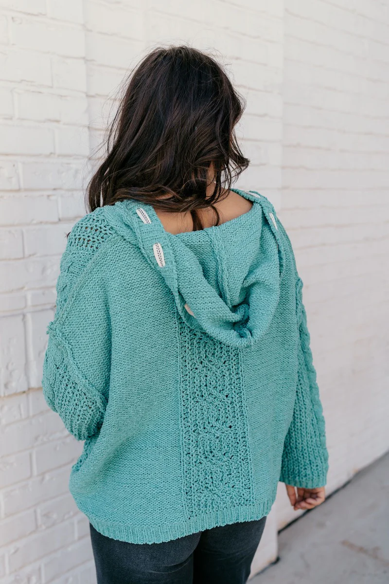 Lottie Teal Green Cable Knit Hoodie Sweater - Image 4