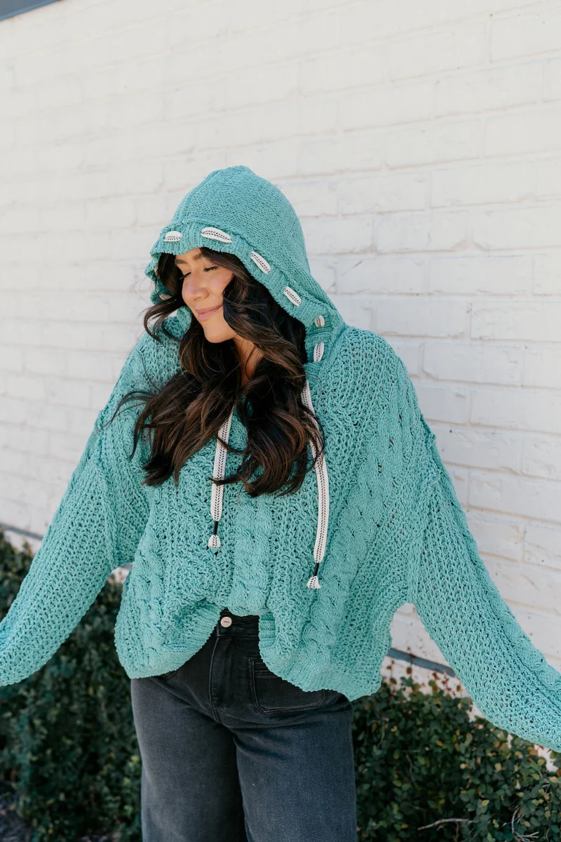 Lottie Teal Green Cable Knit Hoodie Sweater - Image 5