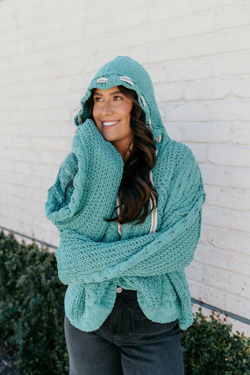 Lottie Teal Green Cable Knit Hoodie Sweater - Image 6
