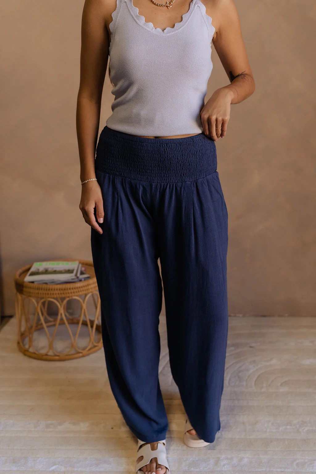 Olivia Navy Blue Smocked Pants - Image 2
