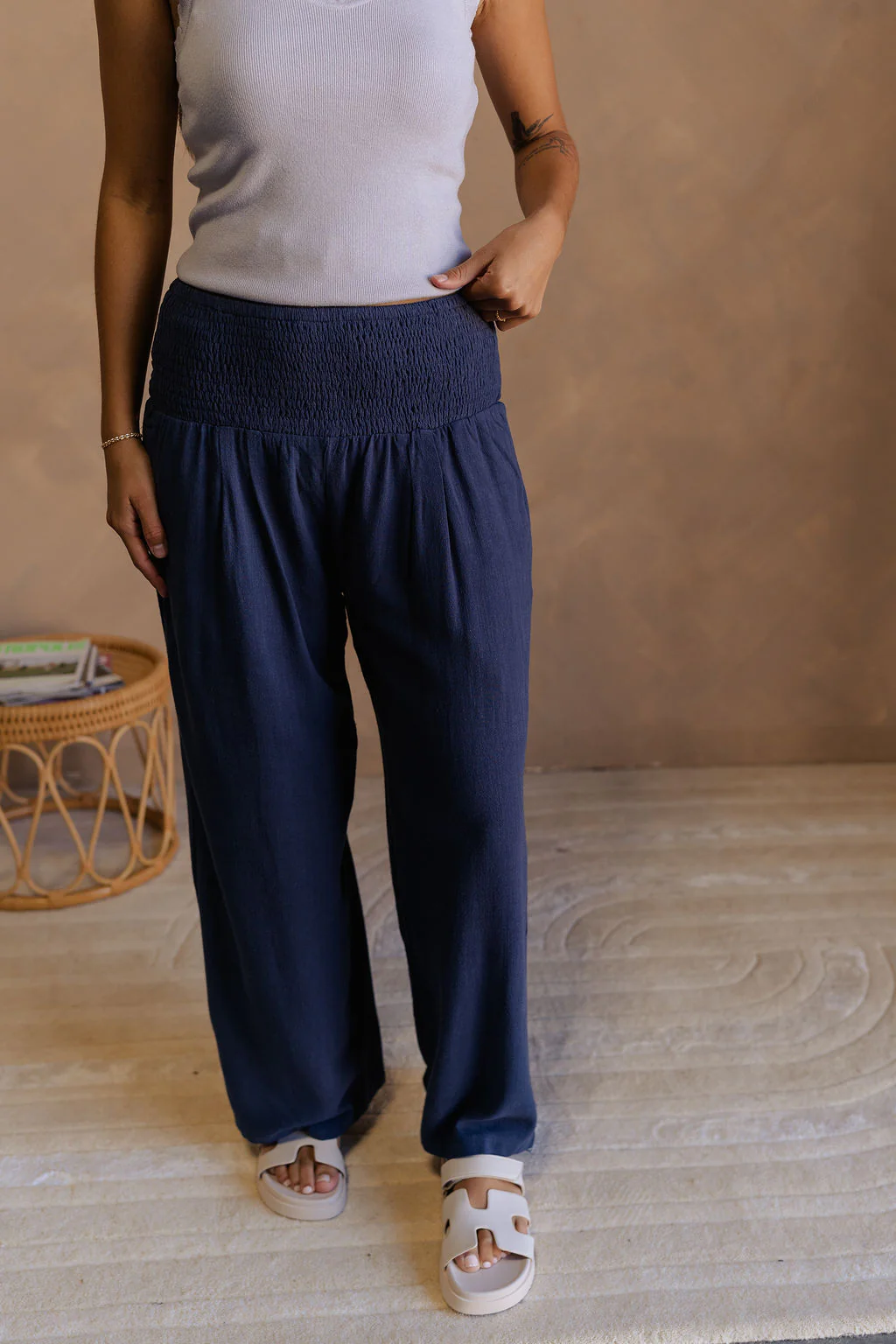 Olivia Navy Blue Smocked Pants - Image 3