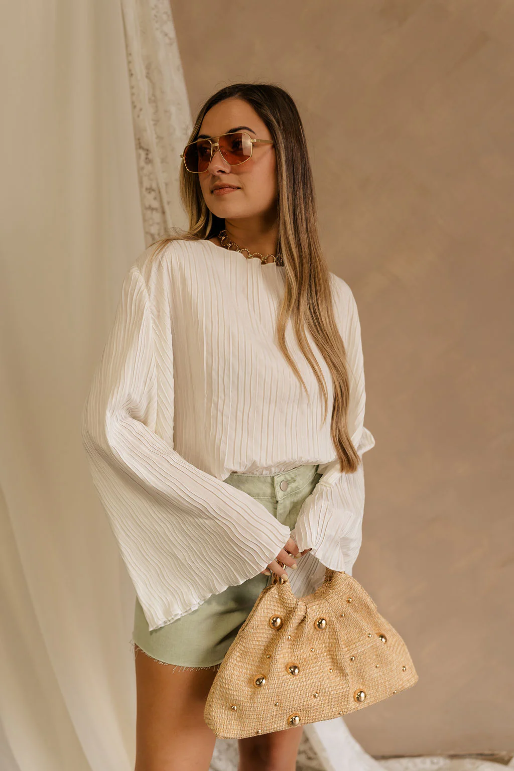 Kimberly Cream Pleated Long Sleeve Top - Image 3