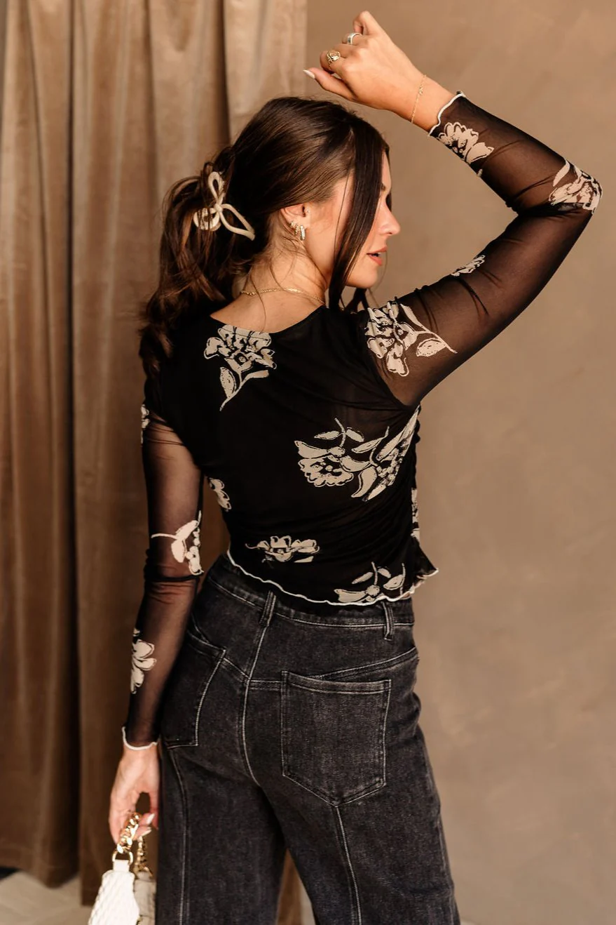 Lucia Black & Cream Floral Mesh Long Sleeve Top - Image 5