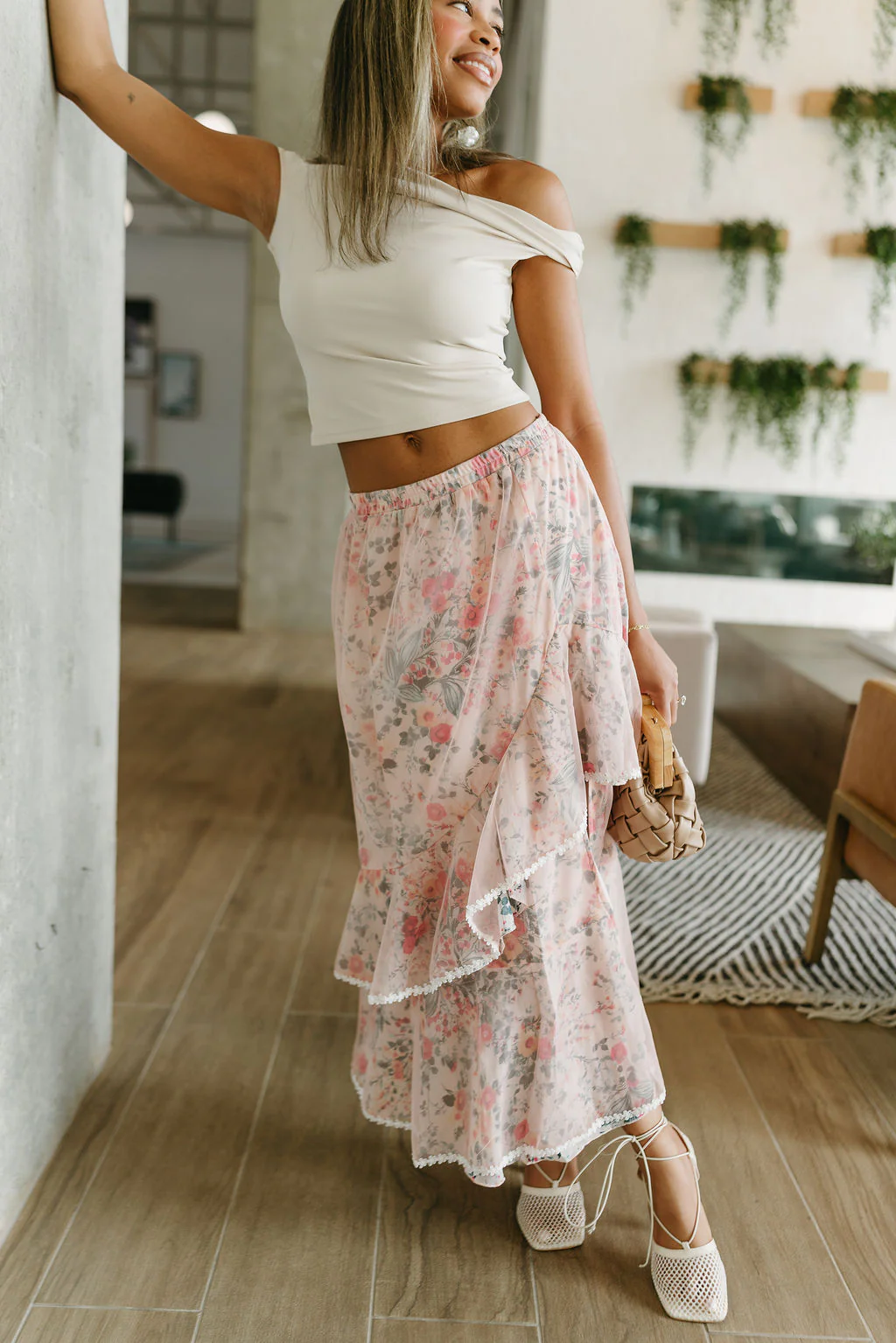 Lucia Dusty Pink Floral Slit Midi Skirt