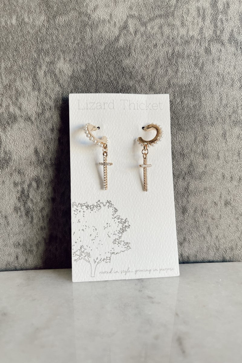 Lucia Gold & Pearl Cross Earrings - Image 2