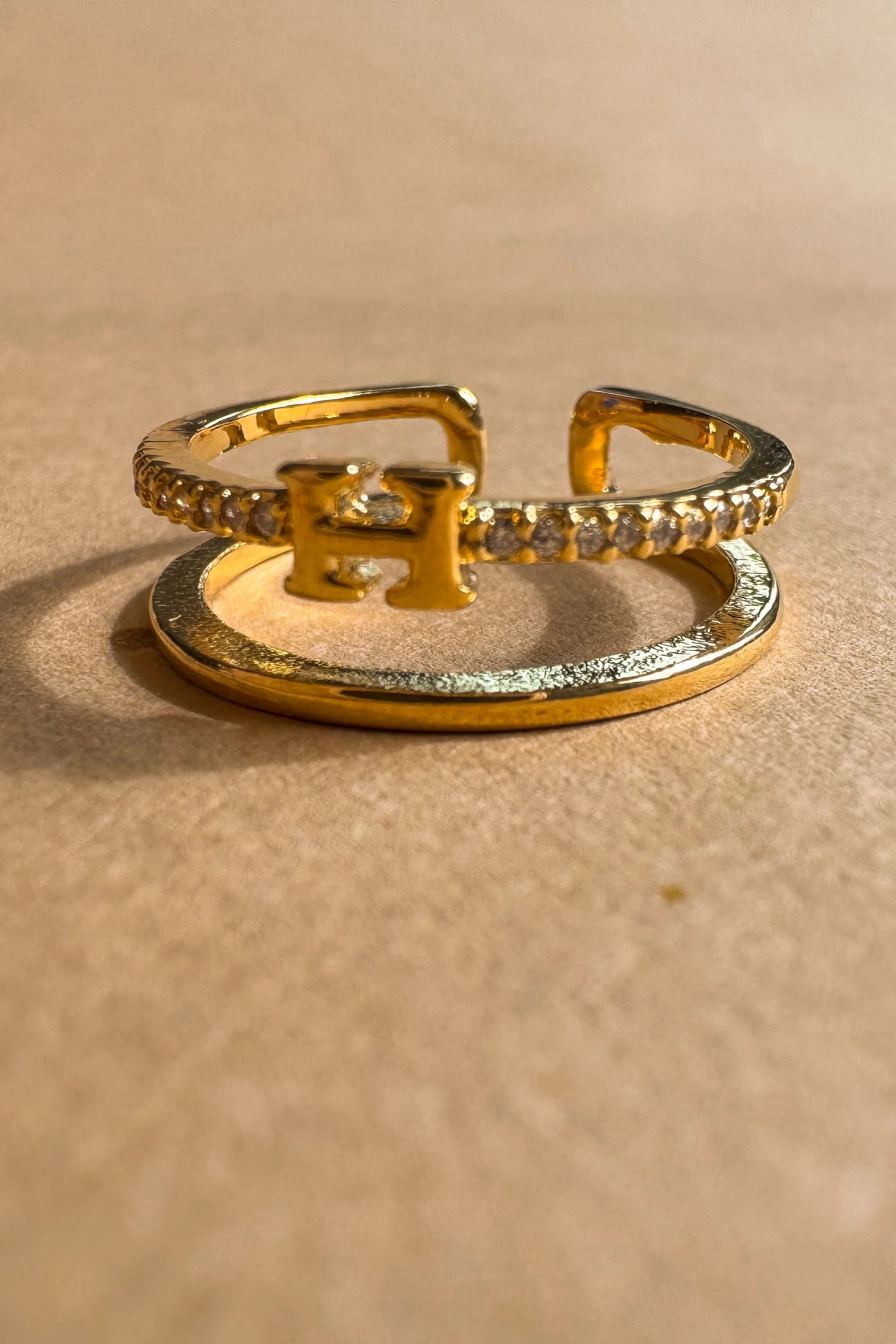 Lucia Gold & Rhinestone H Double Ring - Image 2