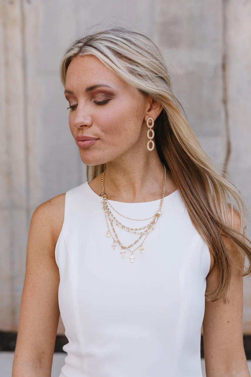 Lucia Pearl & Gold Crosses Beaded Layered Necklace - Image 2