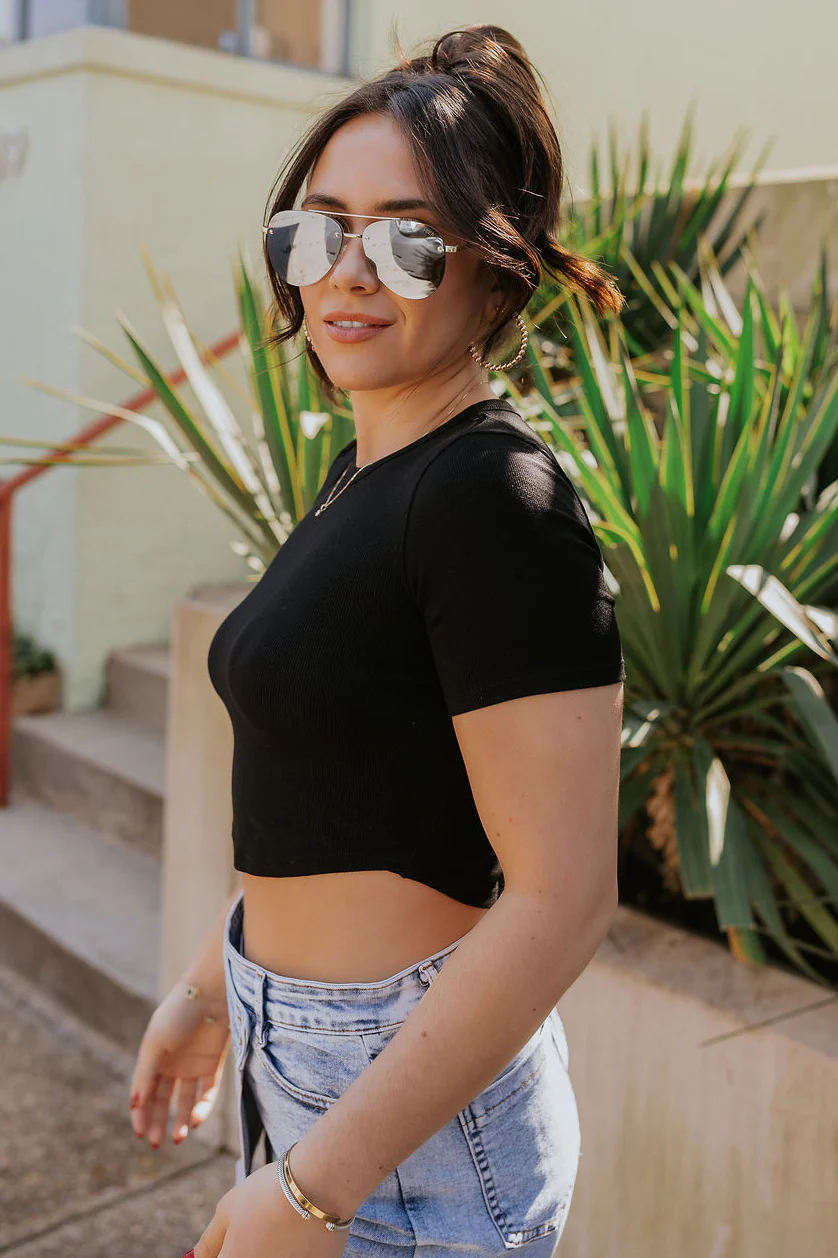 Lucy Black Cropped Short Sleeve Top - Image 6