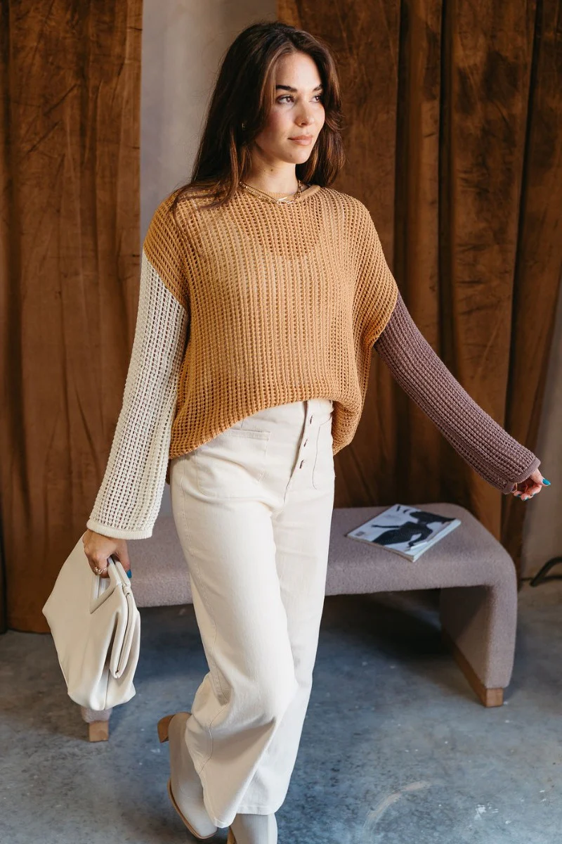 Lucy Camel Colorblock Open Knit Sweater - Image 2