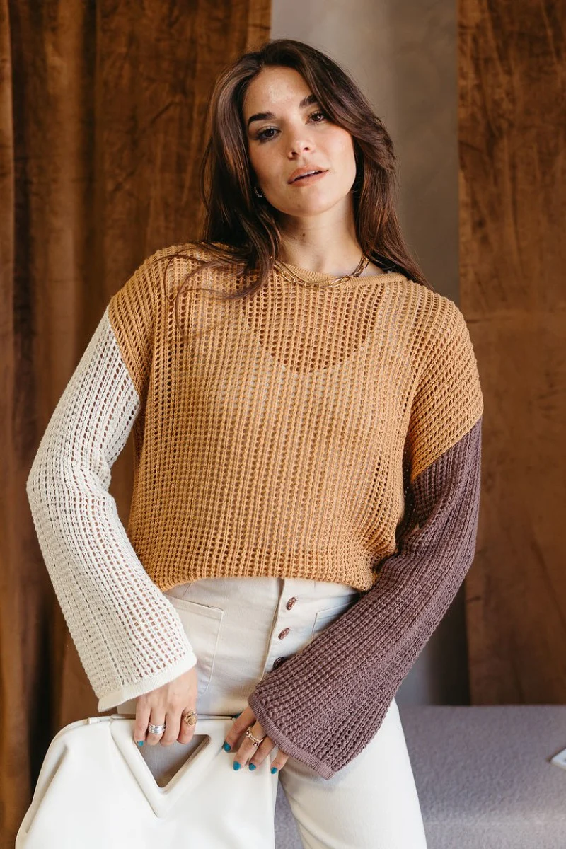 Lucy Camel Colorblock Open Knit Sweater - Image 3