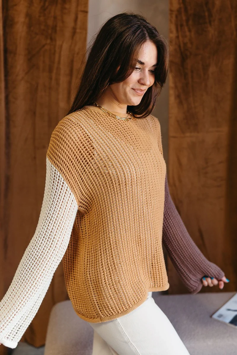 Lucy Camel Colorblock Open Knit Sweater - Image 4