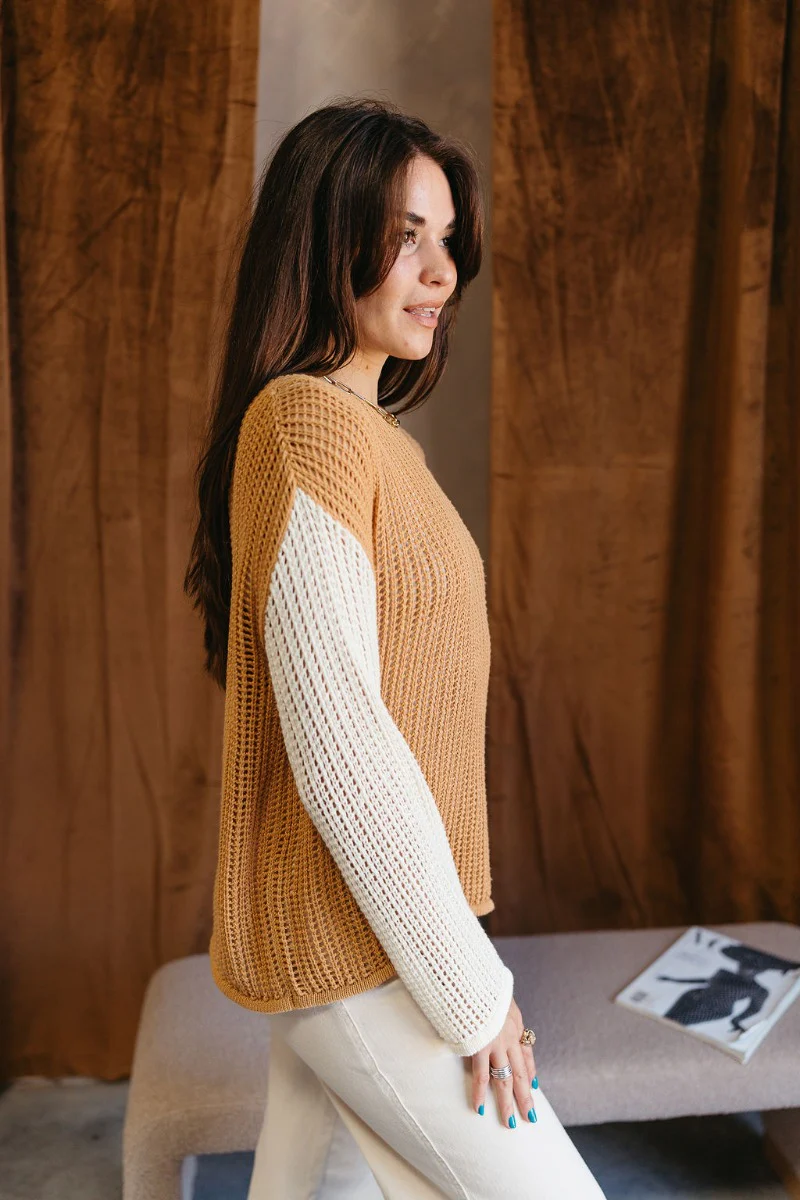 Lucy Camel Colorblock Open Knit Sweater - Image 5