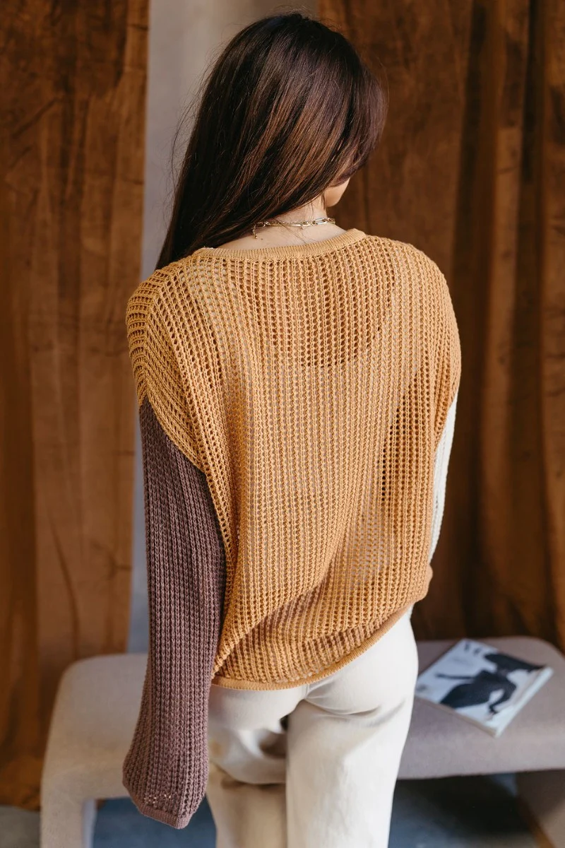 Lucy Camel Colorblock Open Knit Sweater - Image 6