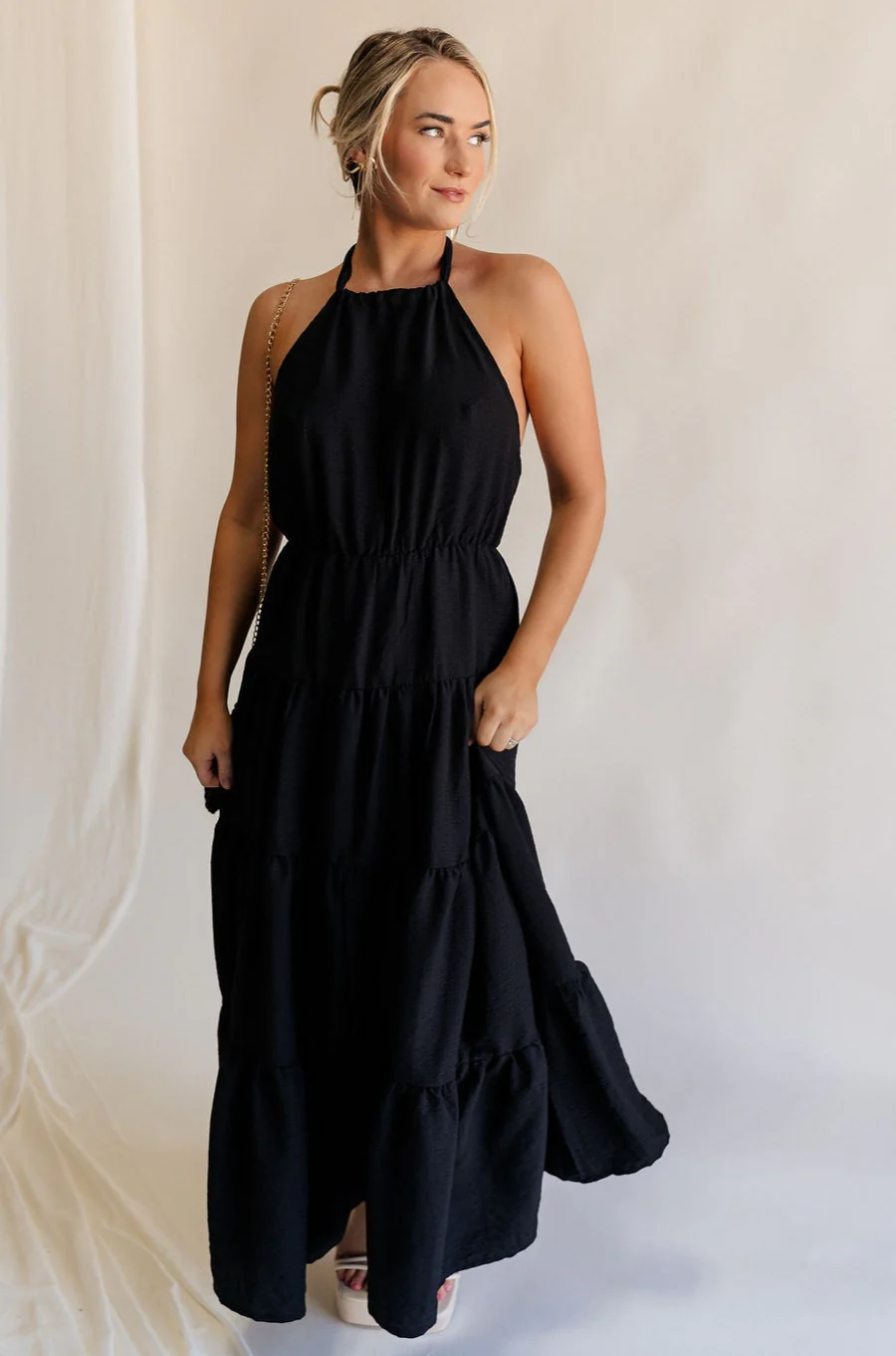 Luna Black Halter Tie Tiered Maxi Dress