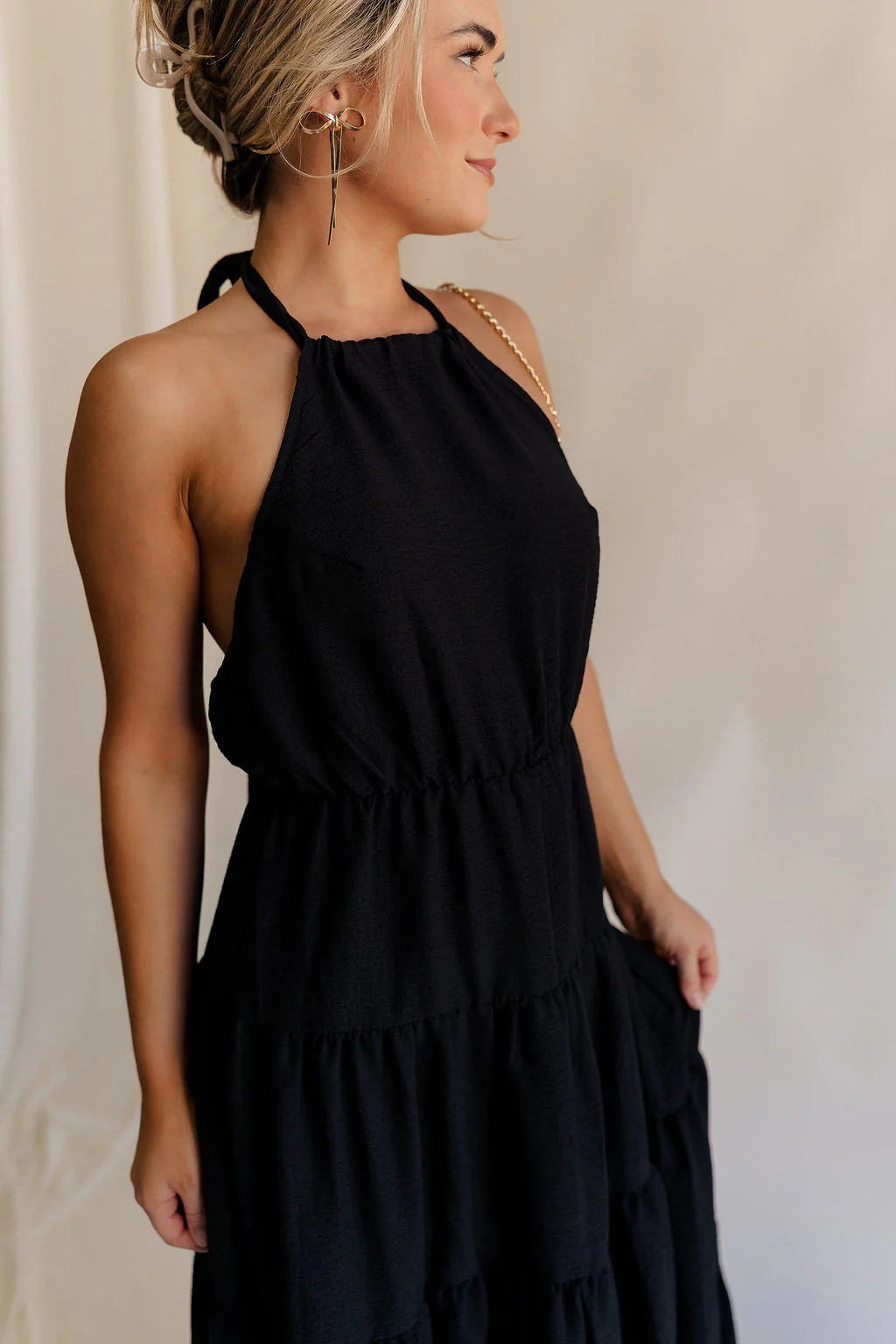 Luna Black Halter Tie Tiered Maxi Dress - Image 3