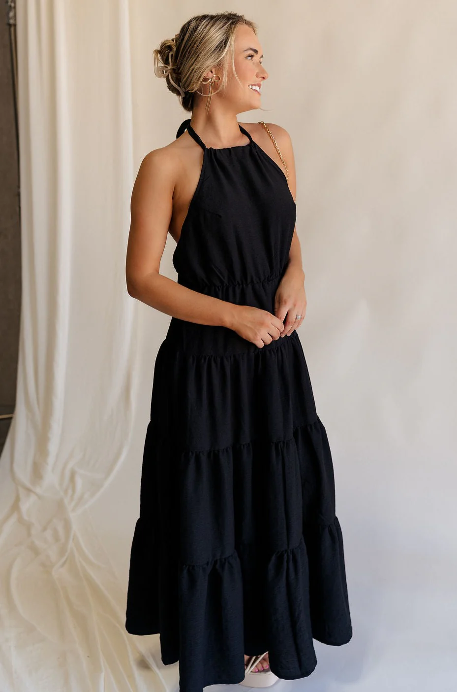 Luna Black Halter Tie Tiered Maxi Dress - Image 4