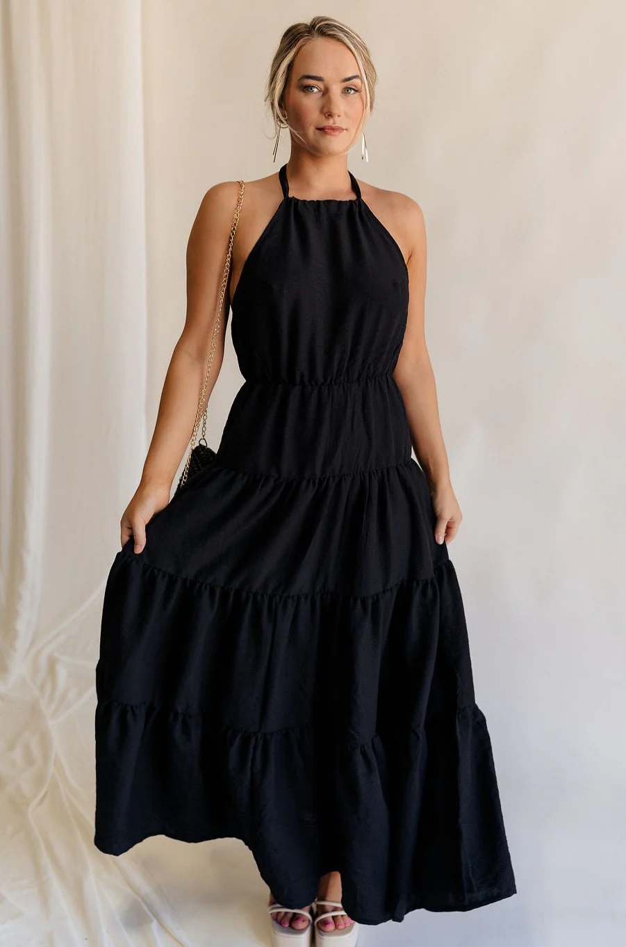 Luna Black Halter Tie Tiered Maxi Dress - Image 7