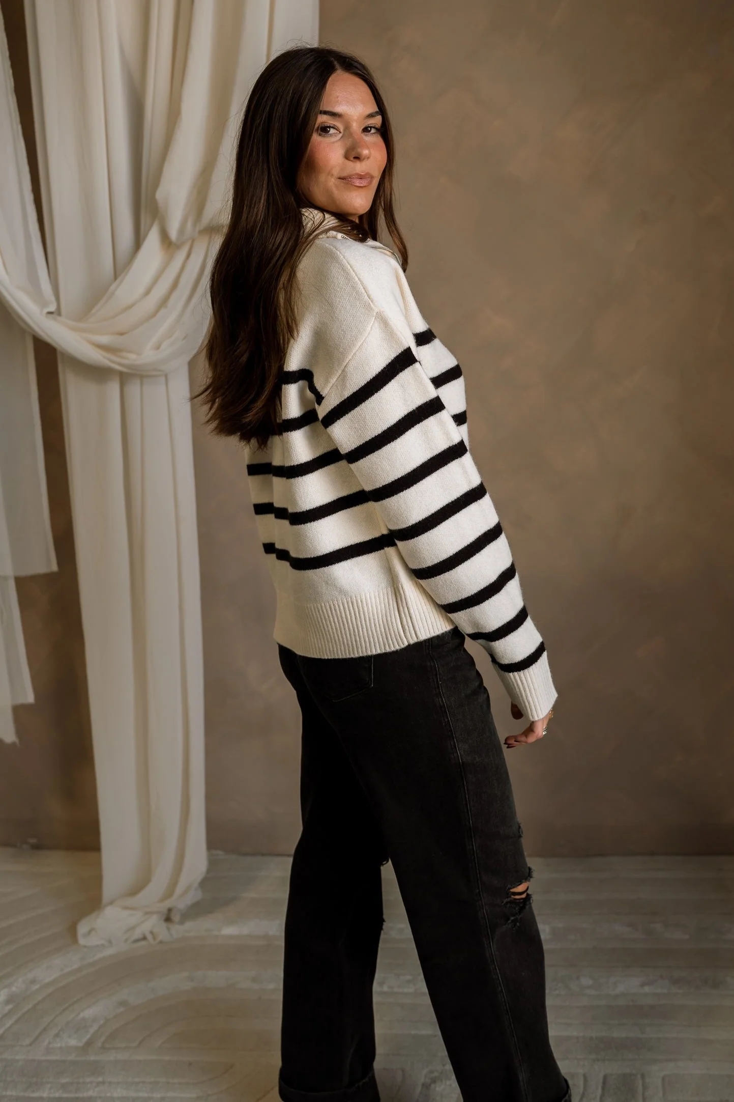 Luna Cream & Black Quarter Zip-Up Sweater - Image 3