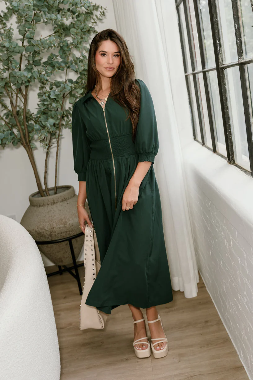 Luna Dark Green Zip-Up Midi Dress