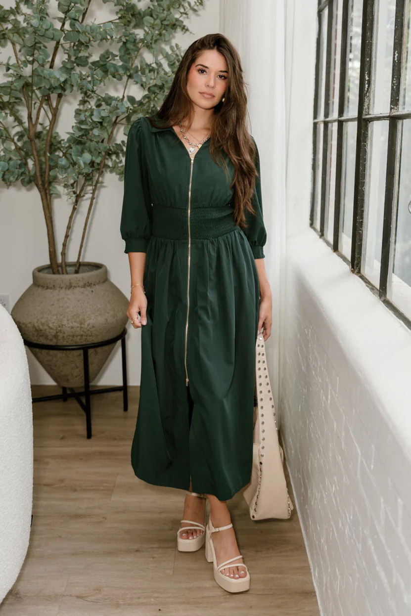 Luna Dark Green Zip-Up Midi Dress - Image 6