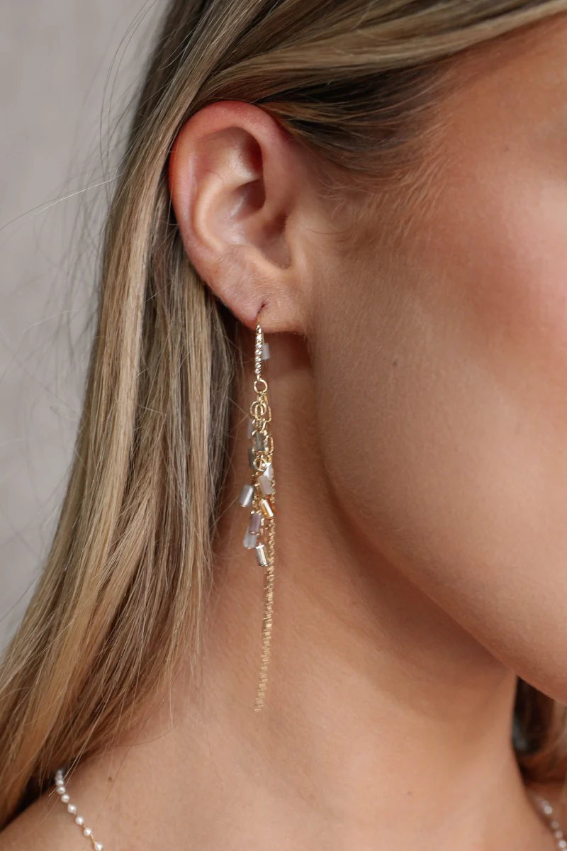 Luna Grey Beaded Gold Fringe Earrings