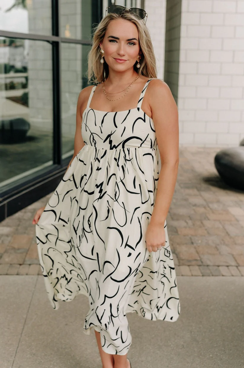 Luna Ivory & Black Abstract Midi Dress - Image 2