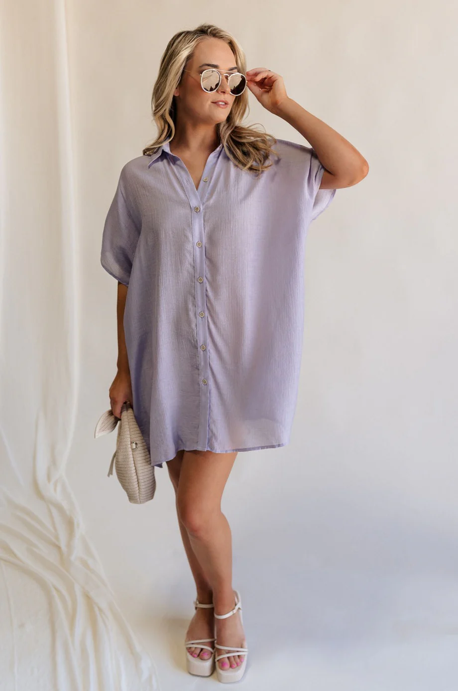 Luna Lavender Button-Up Short Sleeve Mini Dress