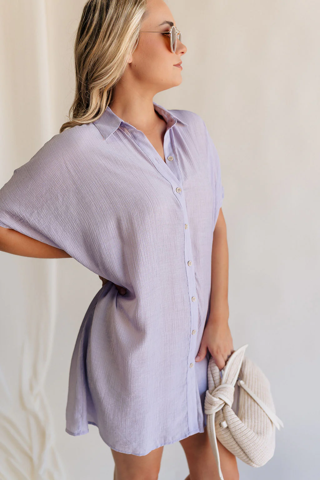 Luna Lavender Button-Up Short Sleeve Mini Dress - Image 5