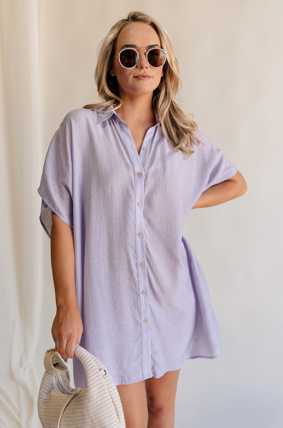 Luna Lavender Button-Up Short Sleeve Mini Dress - Image 8