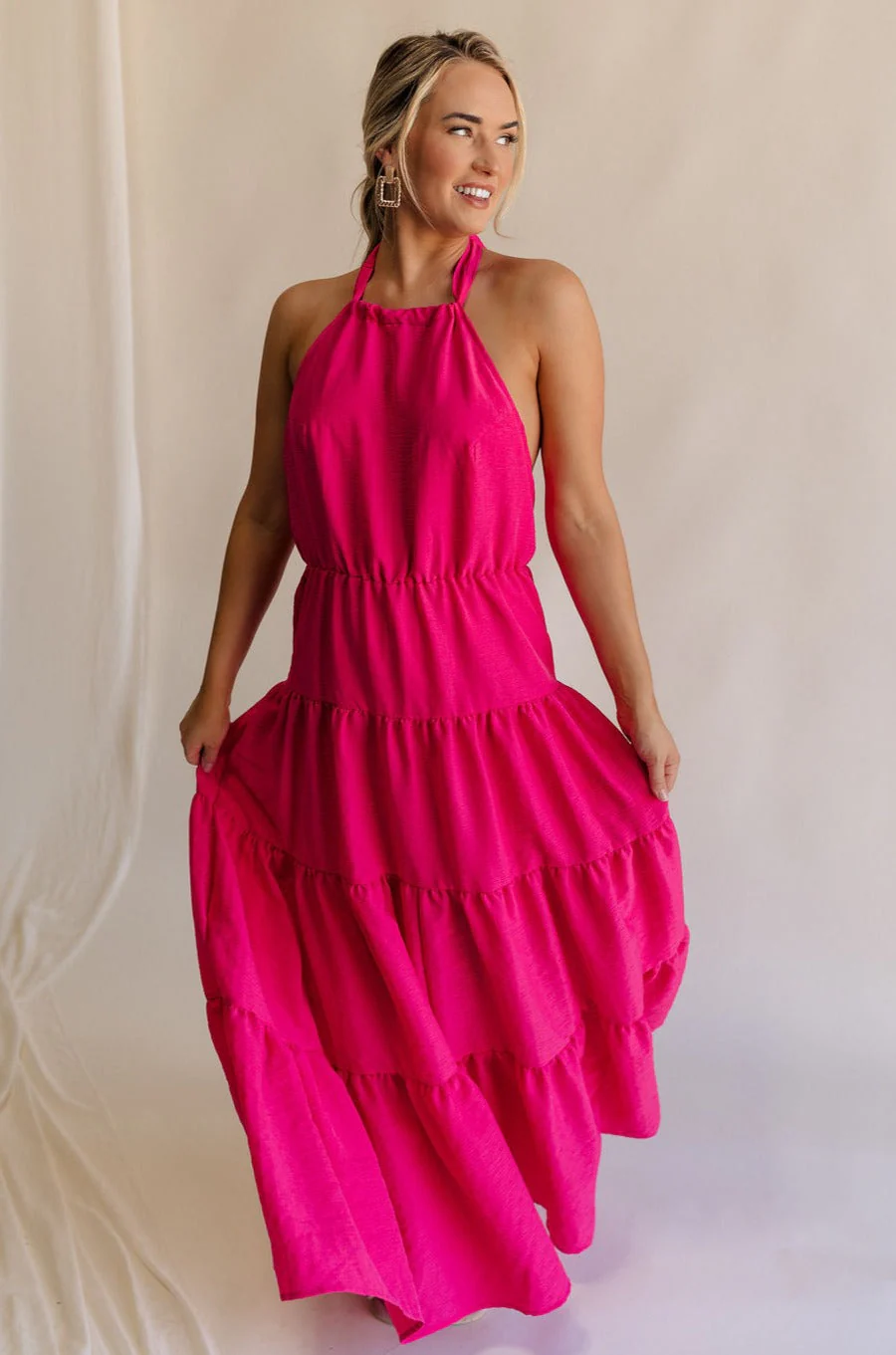 Luna Magenta Halter Tie Tiered Maxi Dress