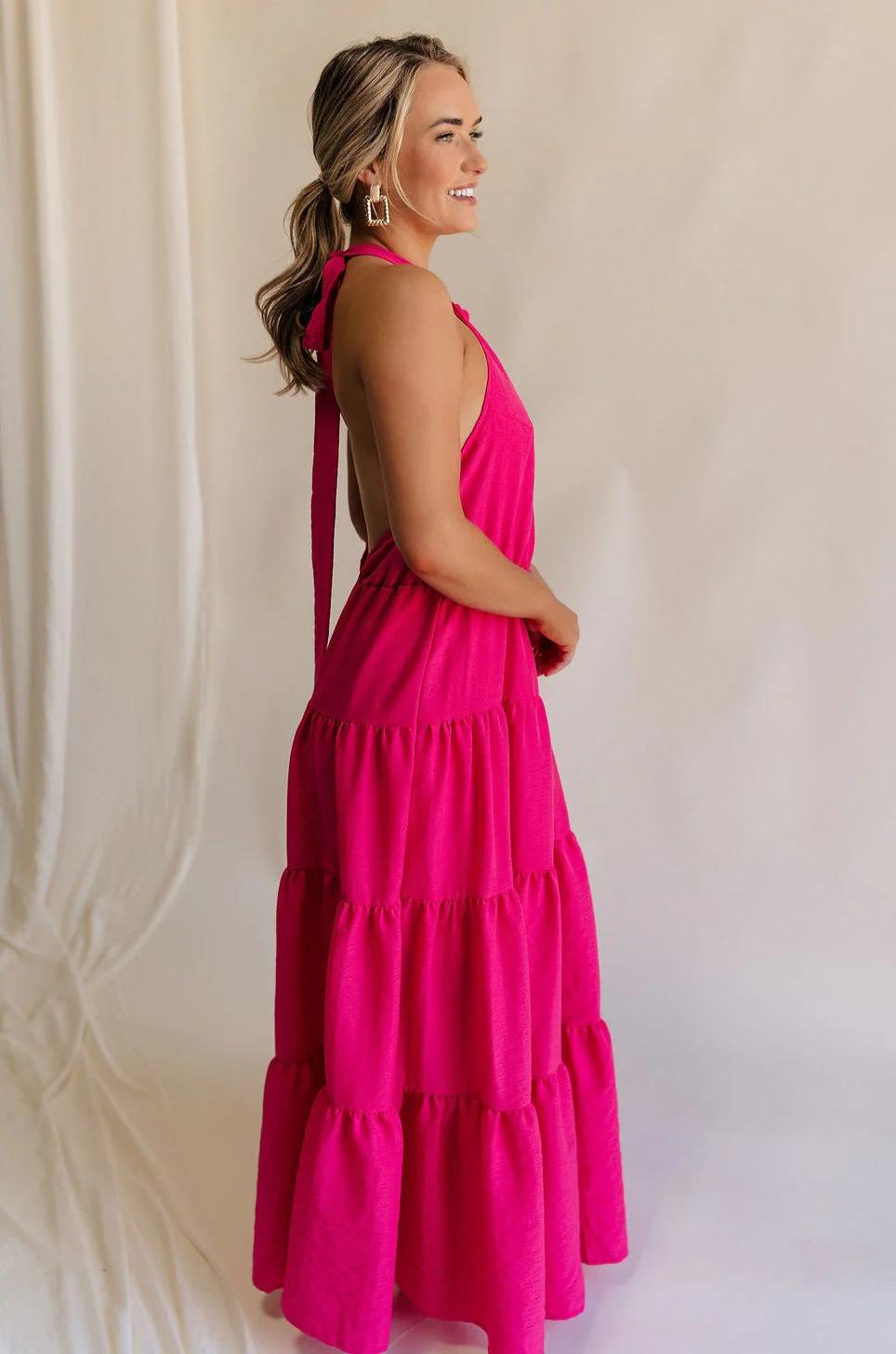 Luna Magenta Halter Tie Tiered Maxi Dress - Image 3