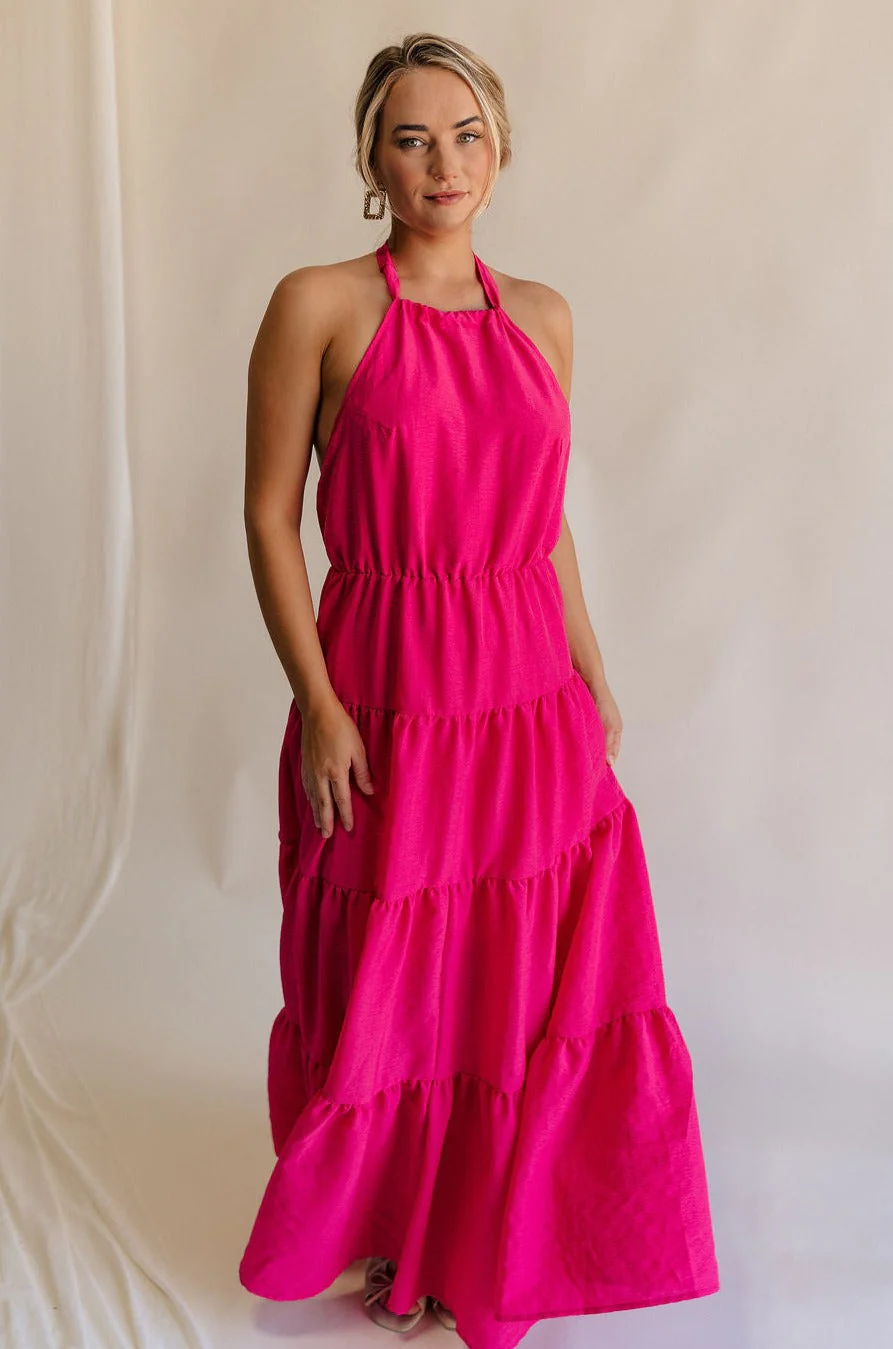 Luna Magenta Halter Tie Tiered Maxi Dress - Image 5