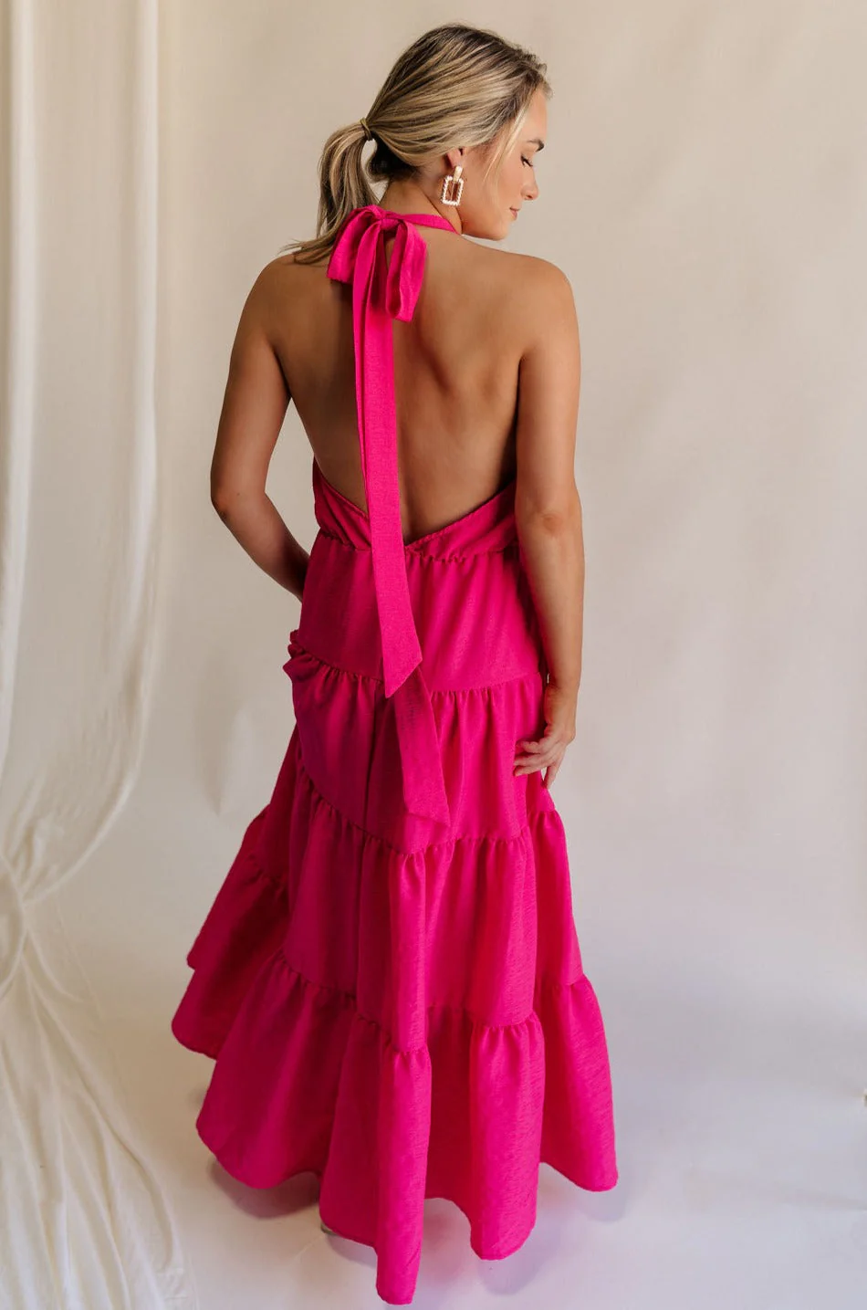 Luna Magenta Halter Tie Tiered Maxi Dress - Image 9