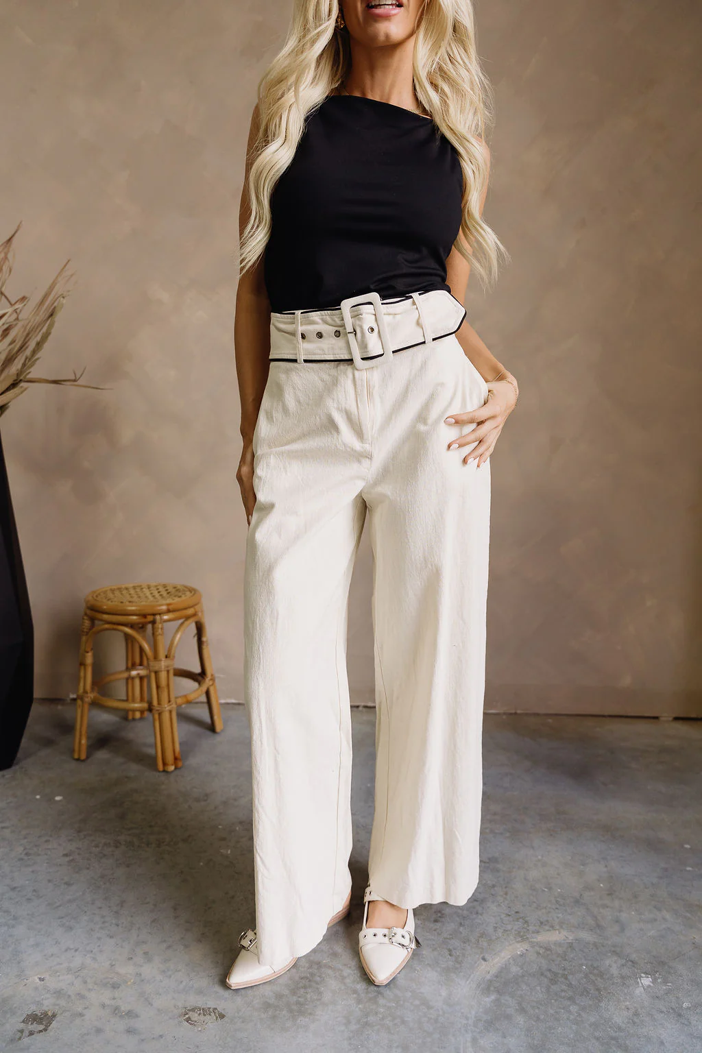 Luna Natural & Black Belt Wide Leg Pants