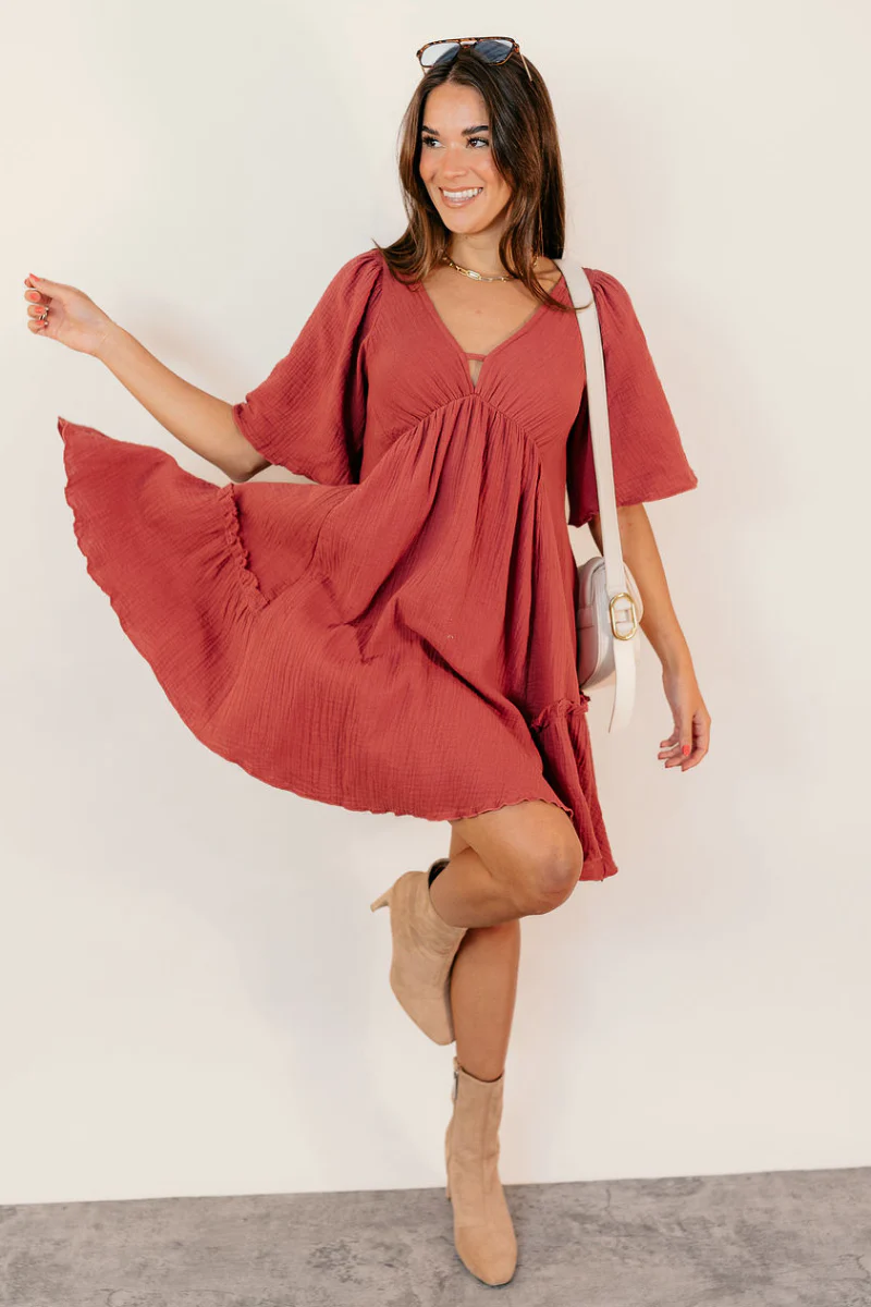 Luna Red Textured Short Sleeve Dress