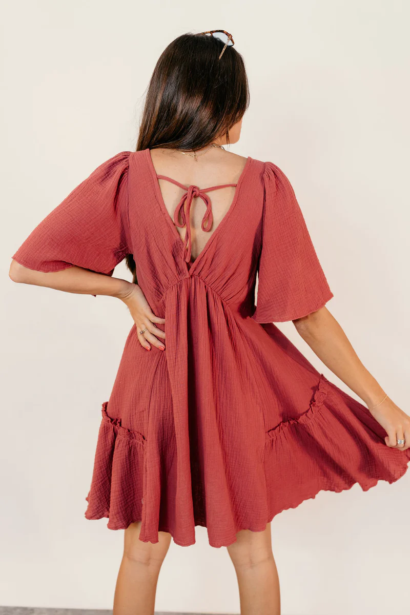 Luna Red Textured Short Sleeve Dress - Image 7