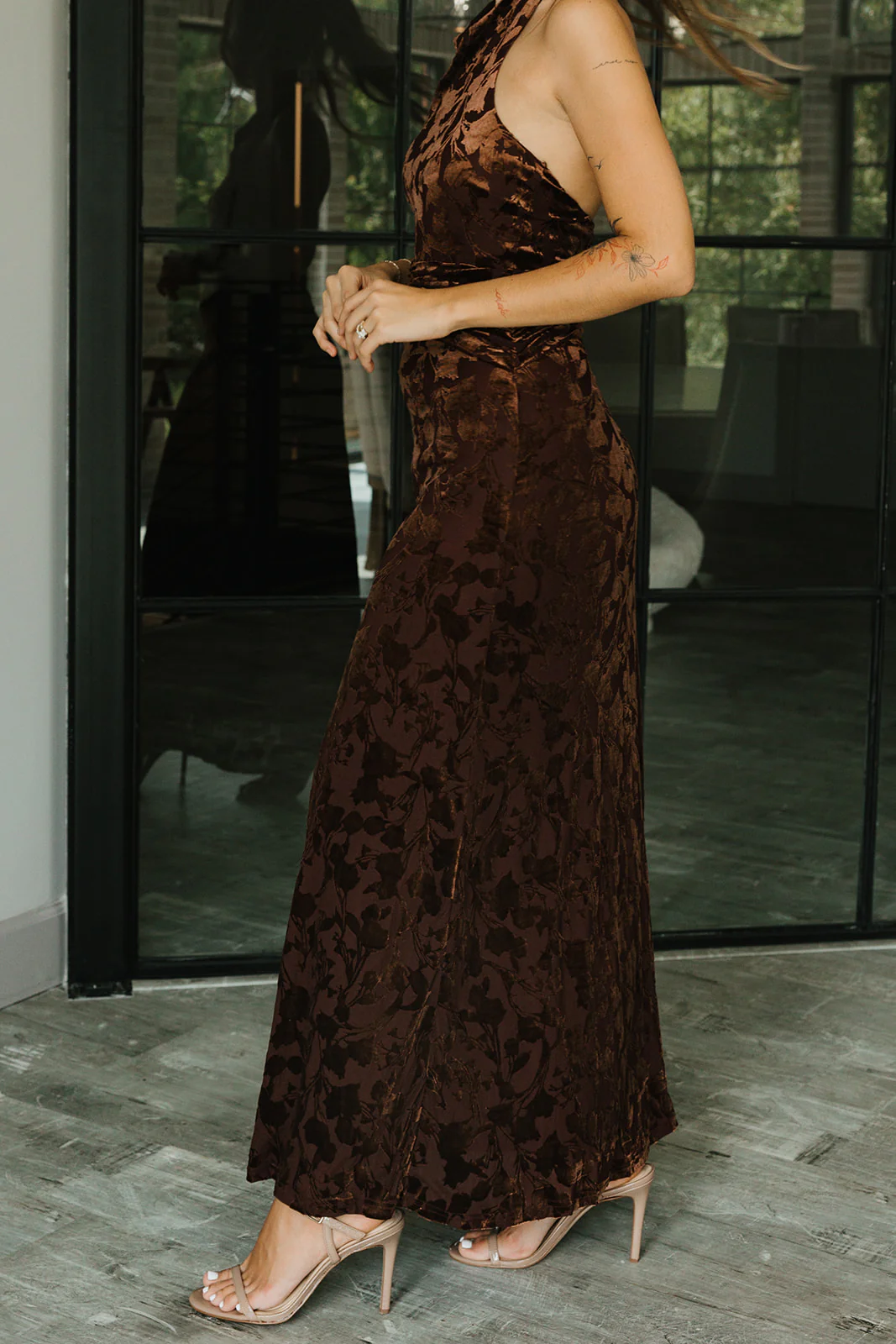 Lydia Brown Multi Velvet Floral Maxi Dress - Image 8