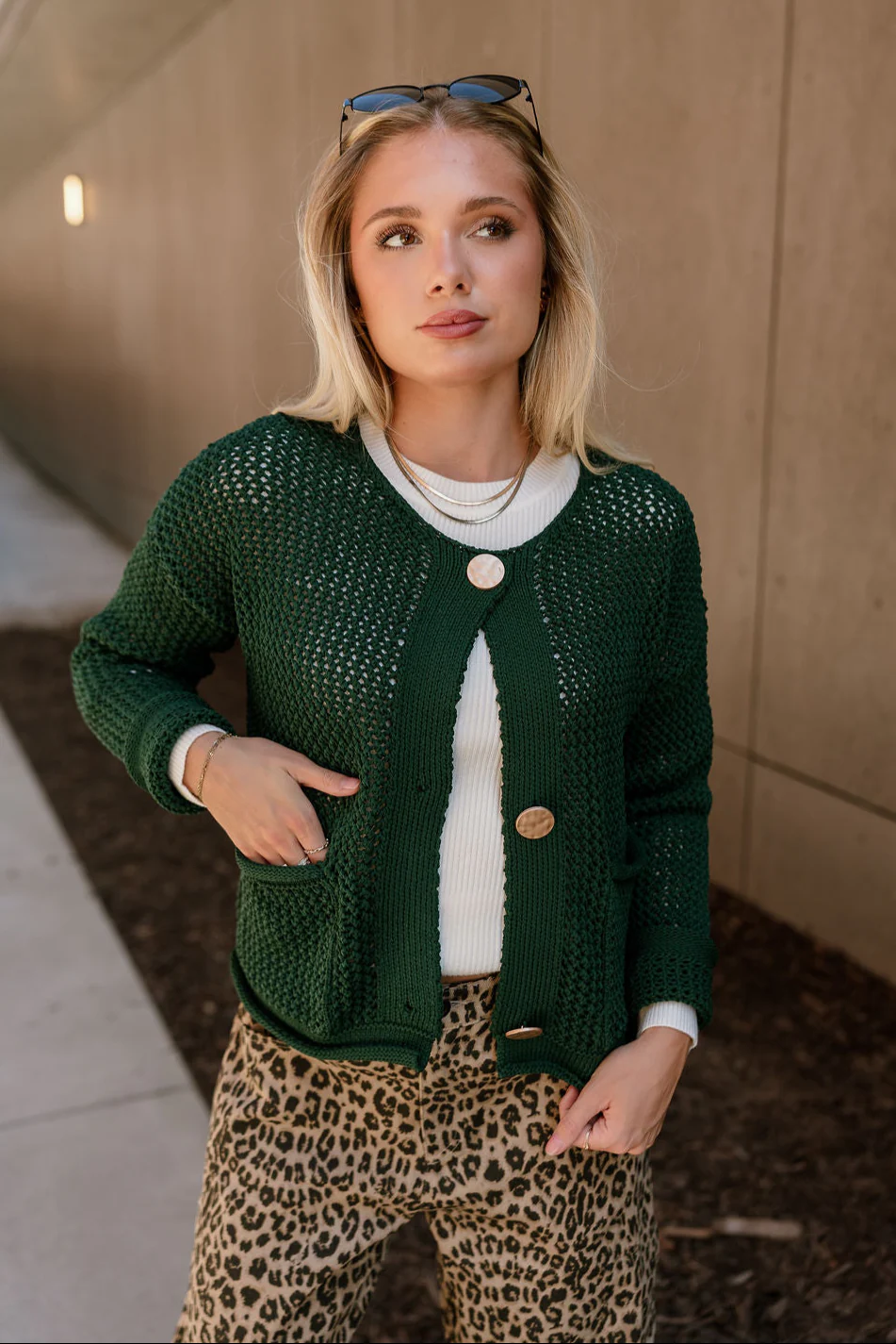 Lydia Forest Green & Gold Buttons Cardigan