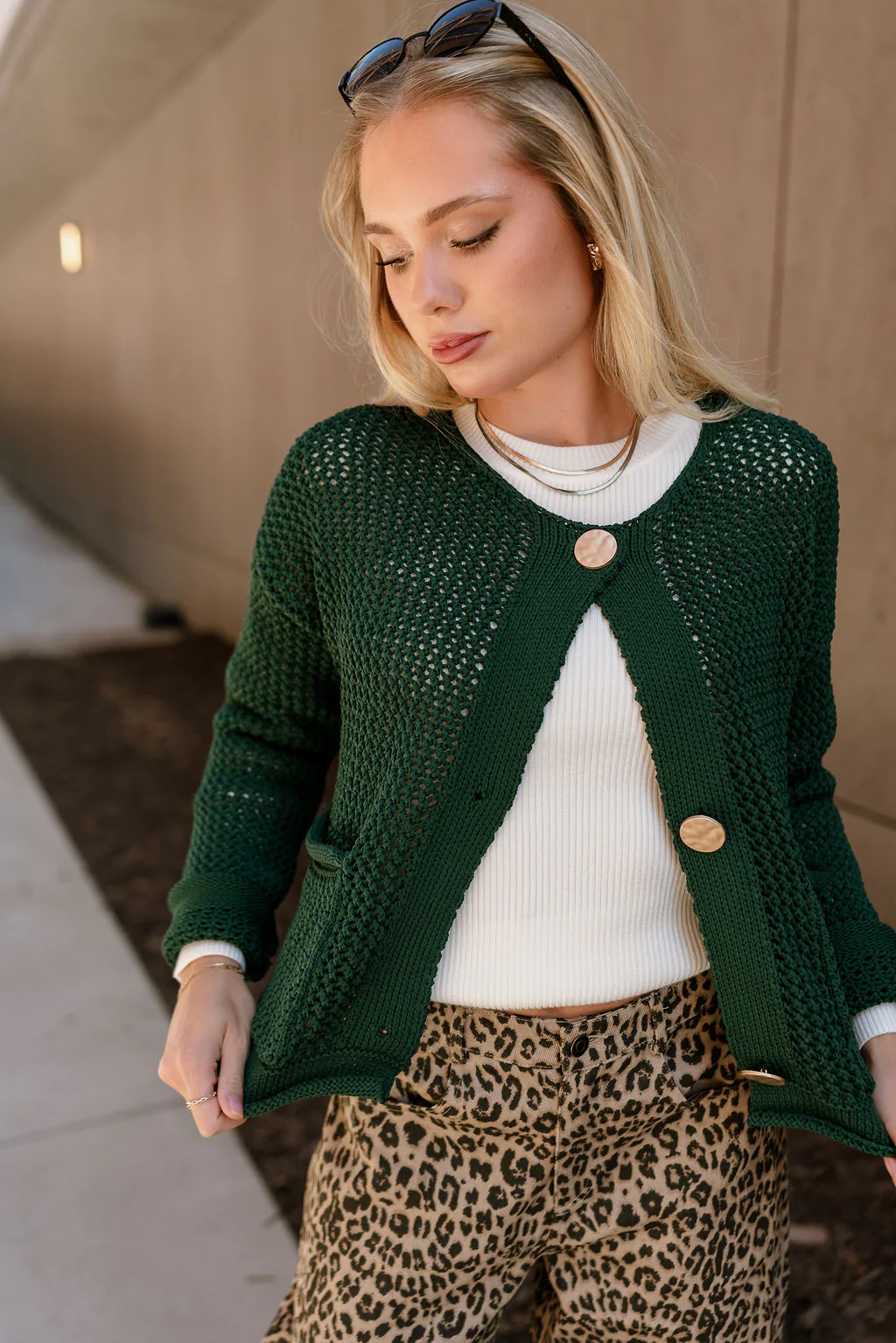 Lydia Forest Green & Gold Buttons Cardigan - Image 2