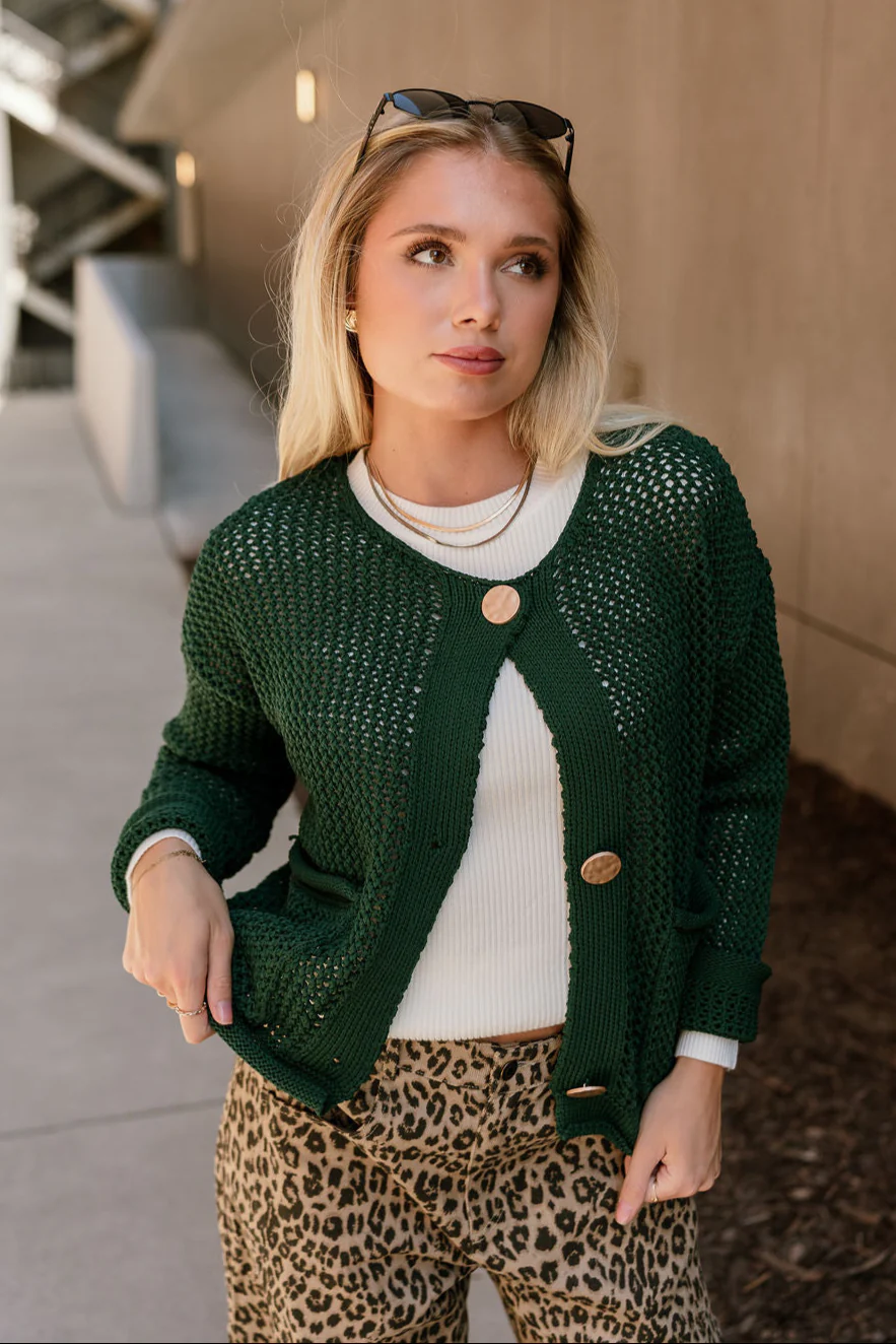 Lydia Forest Green & Gold Buttons Cardigan - Image 5