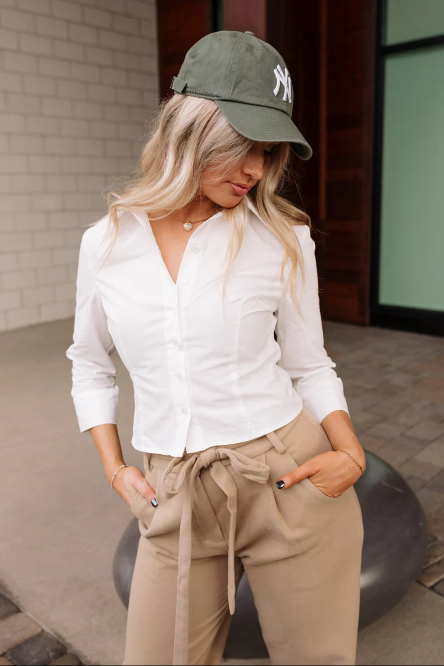 Lydia White Button-Up Long Sleeve Top