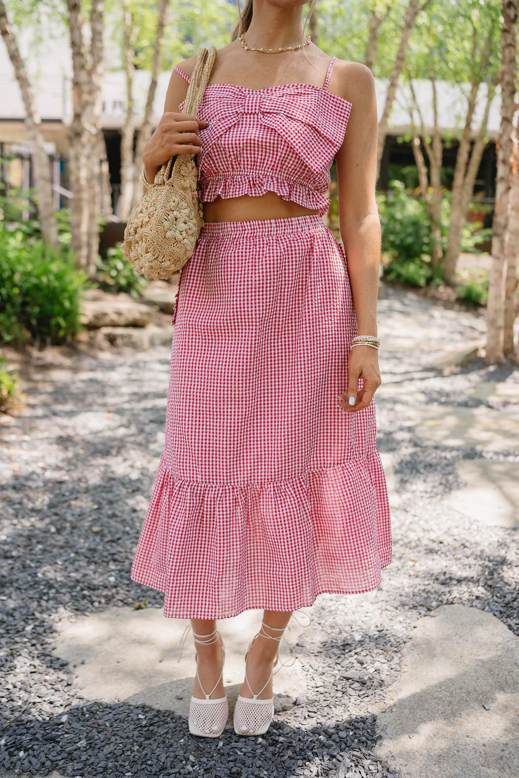 Lyla Red & White Gingham Flare Midi Skirt