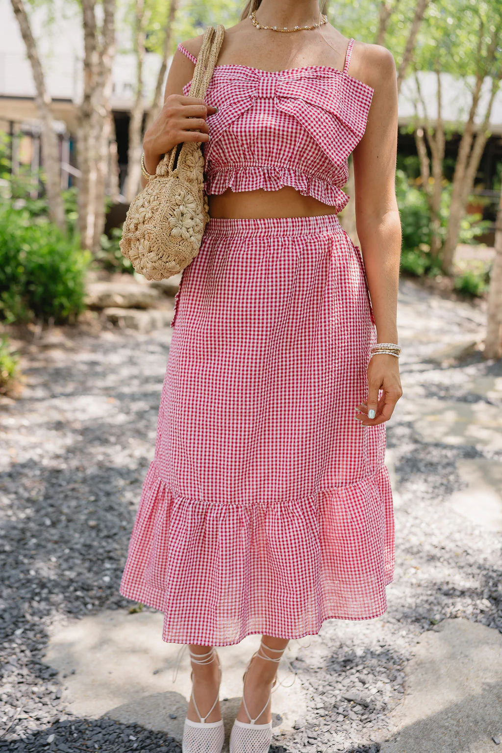 Lyla Red & White Gingham Flare Midi Skirt - Image 5