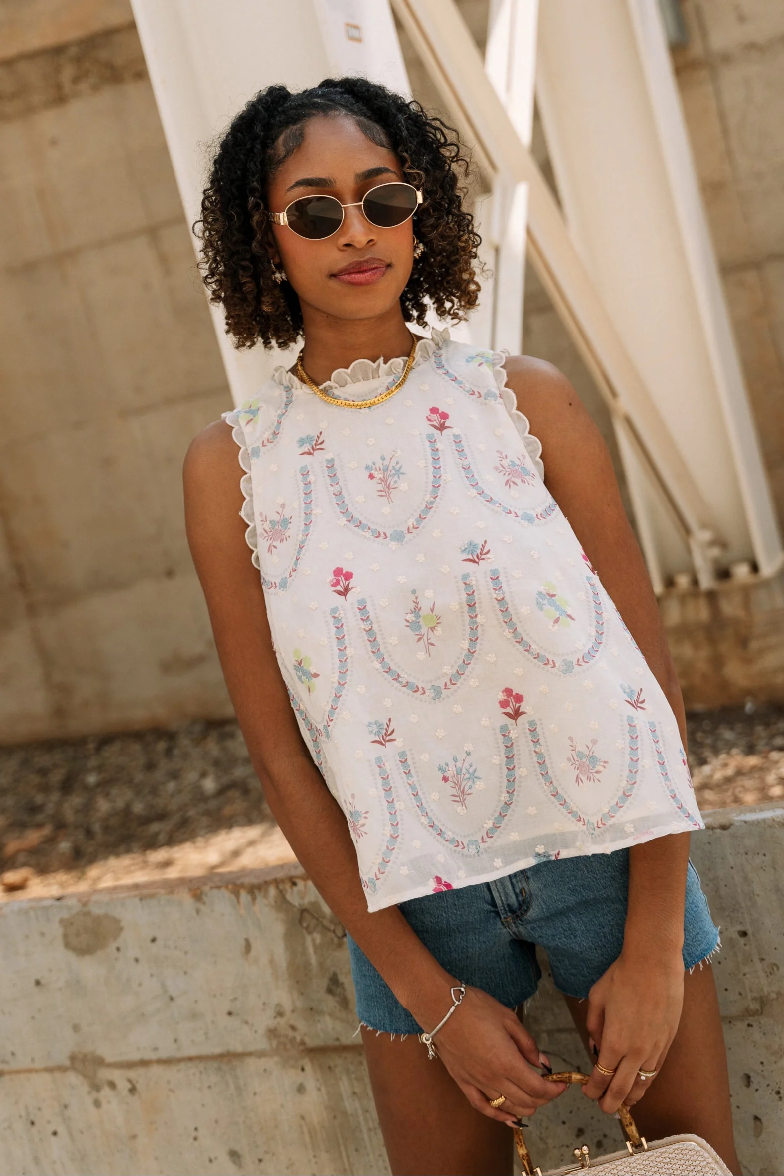 Lylah Cream Multi Floral Ruffle Tank