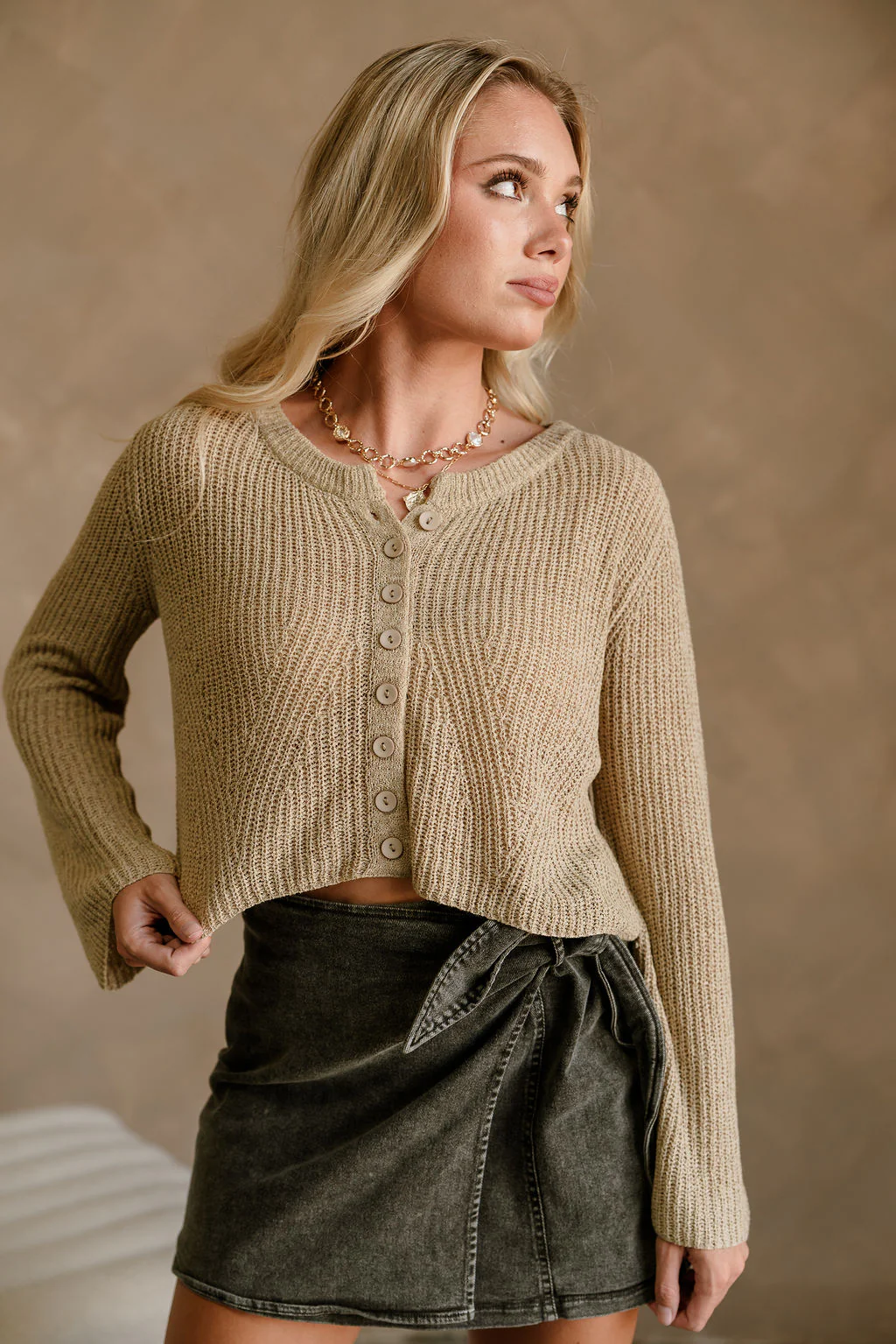 Lyra Beige Knit Button-Up Cardigan
