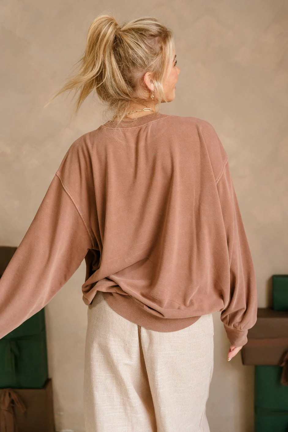 Lyra Washed Brown Ribbed Hem Pullover - Image 7